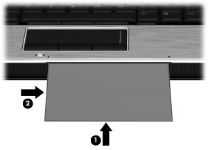3. Sett inn et visittkort i visittkortsporet på fronten av datamaskinen (1) og skyv det mot høyre (2) for å midtstille det under