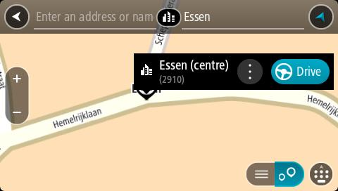 6. Velg bysenter-poiet. Bysenterposisjonen vises på kartet. 7. Velg Kjør. En rute planlegges, og navigasjon til reisemålet ditt begynner.