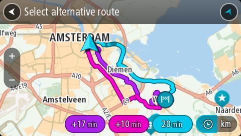 Tips: Informasjon fra tjenesten Traffic i hele produktets levetid brukes ved beregning av alternative ruter. Ruter som er 50 % lengre i tid enn den opprinnelige ruten, vises ikke. 5. Velg ruten du ønsker ved å trykke på tidsballongen.