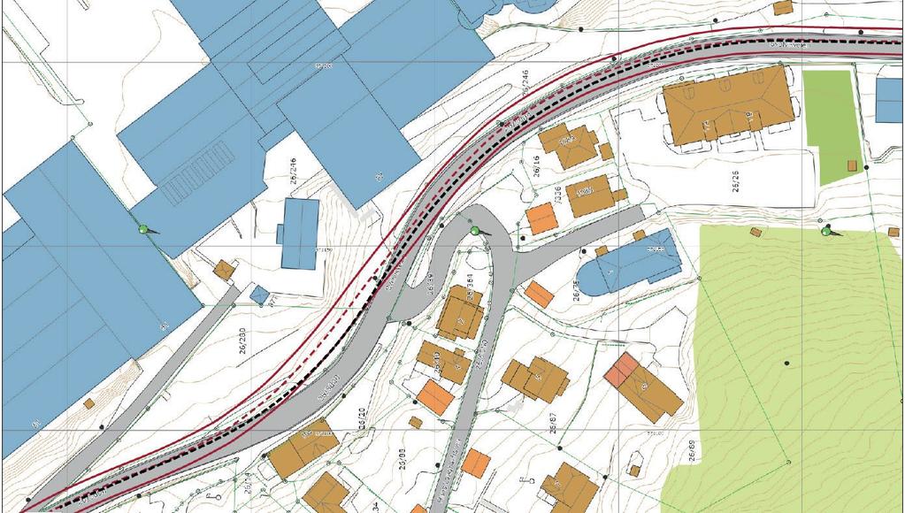 319 flyttes mot syd som vist i Figur 8 og 10. Løsningen sikrer samlokalisering av bussholdeplasser og underbygger forbindelsen mellom Glassverket og Åskollen for gående og syklister.