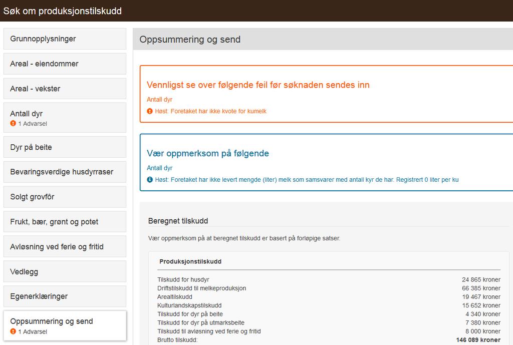 Søknaden del 2 feilmeldinger vises