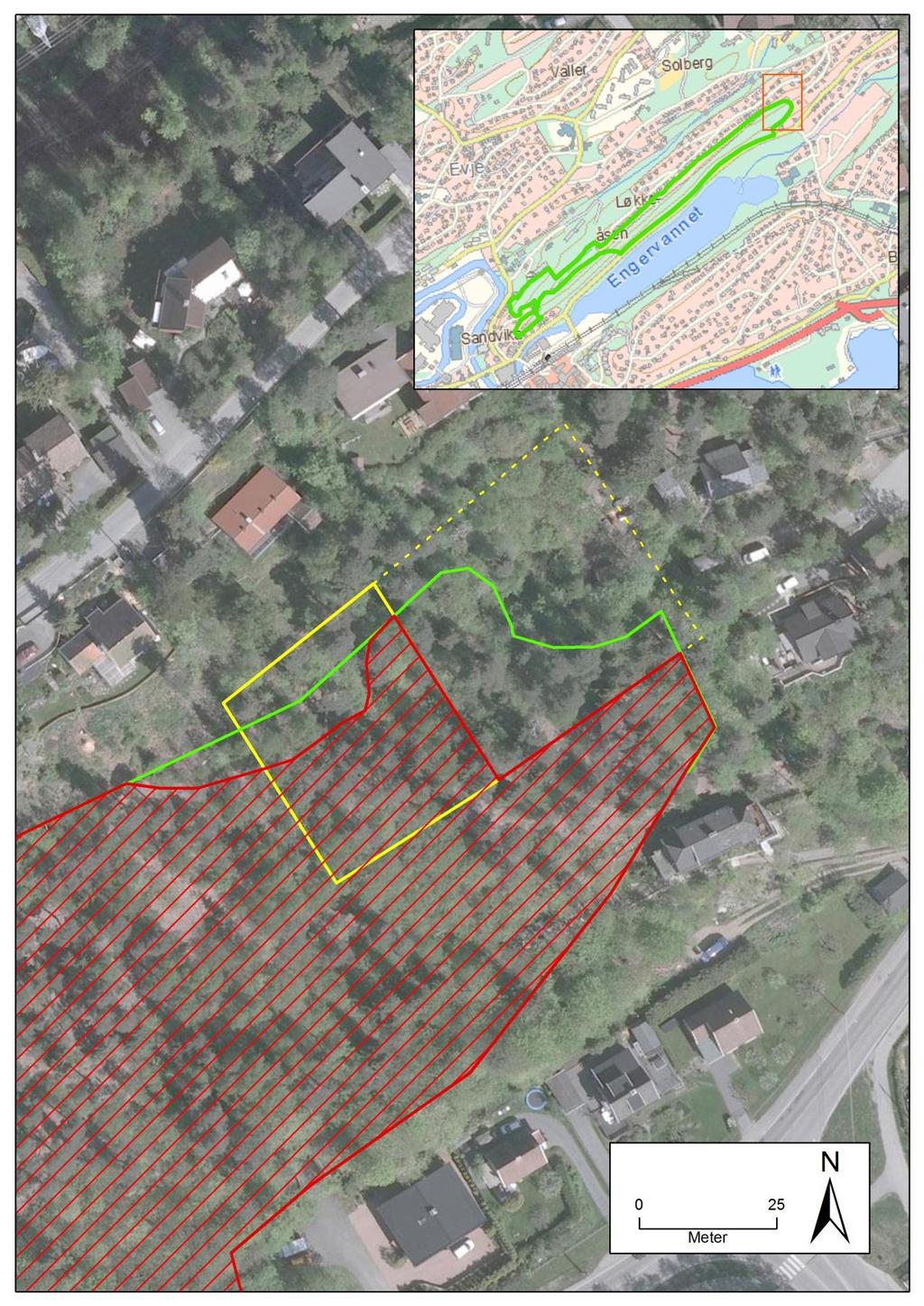 Figur 3: Oversiktskart over undersøkelsesområdet (gul heltrukken linje), undersøkelsesområdet fra 2011 (gul stiplet linje), tidligere registrert