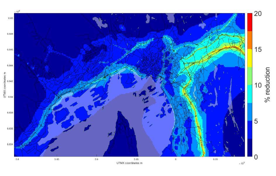 Bedre luftkvalitet Virkninger 2022 (uten nye bomsnitt i Oslo) sammenlignet med ref 2022: 18 % redusert No x -utslipp fra kjøretøy 70 % færre personer blir