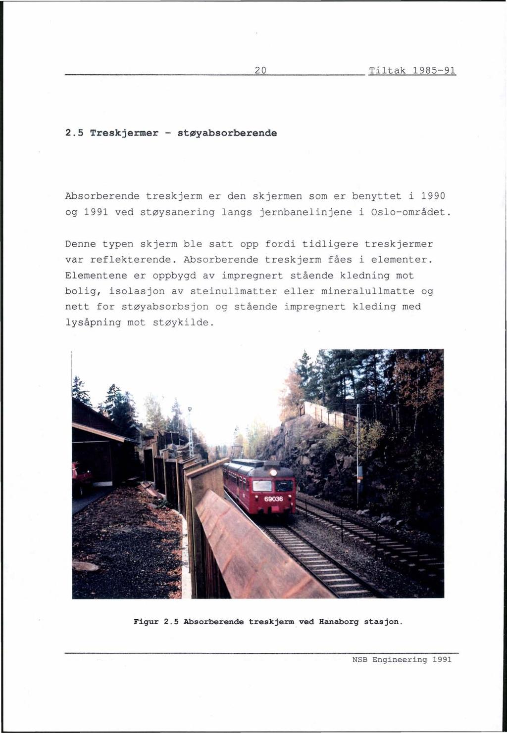 ~2~0 Tiltak 1985-91 2.5 Treskjermer - støyabsorberende Absorberende treskjerm er den skjermen som er benyttet i 1990 og 1991 ved støysanering langs jernbanelinjene i Oslo-området.
