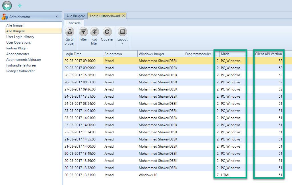 User Operations er en aktivitet log over