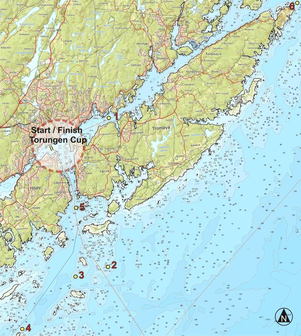 Arendal indre havn: Baneområde for seiling på pølsebane for BB11, samt start- og målområde for NOR-rating.