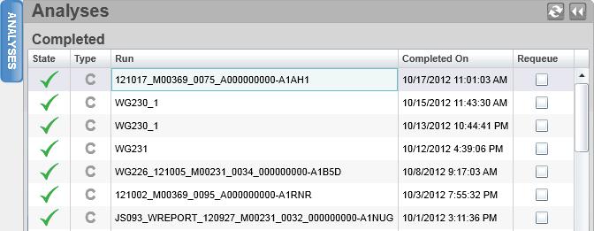Oversikt Fanen Analyses (Analyser) Fanen Analyses (Analyser) lister opp alle sekvenseringskjøringene som finnes i det angitte depotet.