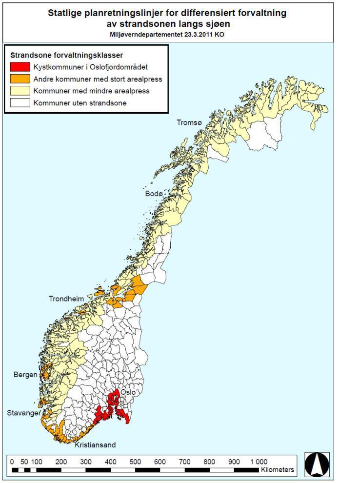 Statlige planretningslinjer Det skal gjennomføres en sterkere geografisk differensiering, der vernet gjøres strengest i sentrale områder der presset på arealene er stort.