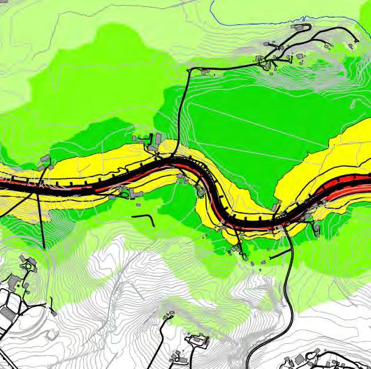 Figur 64: Støysonekart som viser situasjonen i 2040 med Alternativ 1AF Vi ser at støysituasjonen i hovedtrekk vil bli ganske lik referansesituasjonen.