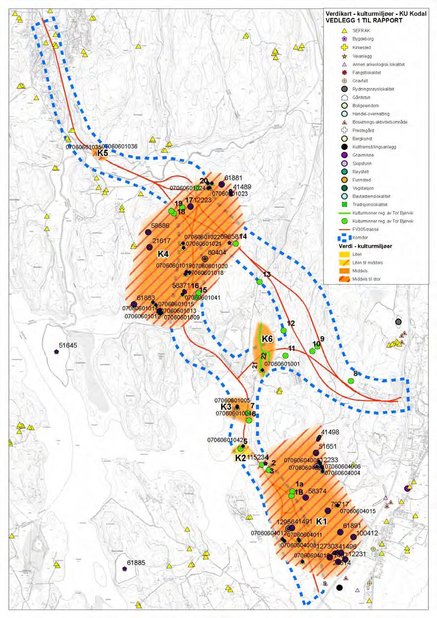 Fv. 305 Kodal E18. Konsekvensutredning med forslag til kommunedelplan 143 Kartet nedenfor viser de seks kulturmiljøene (K1, K2, K3, K4, K5 og K6) og hvilken verdi de er vurdert å ha.