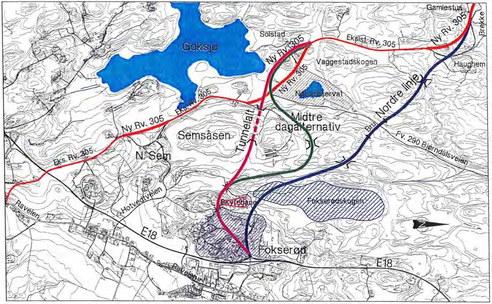 24 Fv. 305 Kodal E18. Konsekvensutredning med forslag til kommunedelplan Figur 13: Alternativene som ble vurdert i 1999 (kart fra mulighetsanalysen) I vurderingene i 1999 kom Nordre linje best ut.