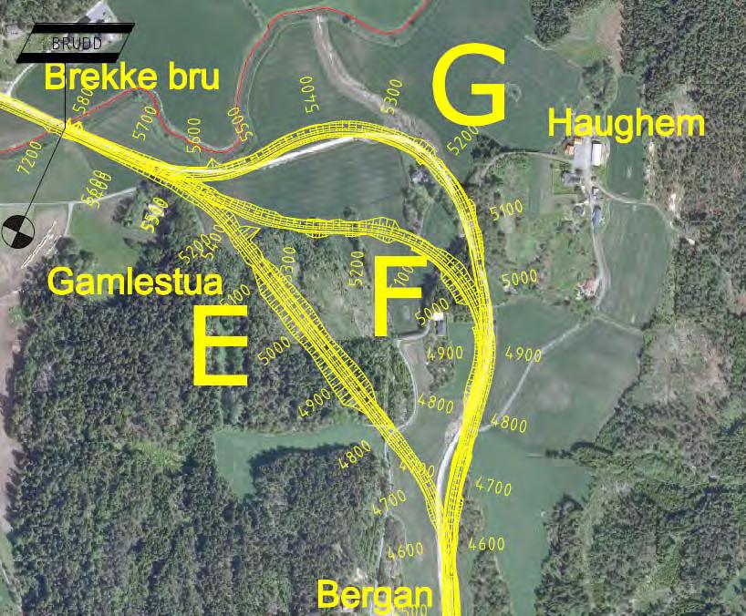 64 Fv. 305 Kodal E18. Konsekvensutredning med forslag til kommunedelplan Figur 36: Alternativ 1, profil 4600-5800/7200. Merk at det er brudd i profileringen ved Brekke bru.