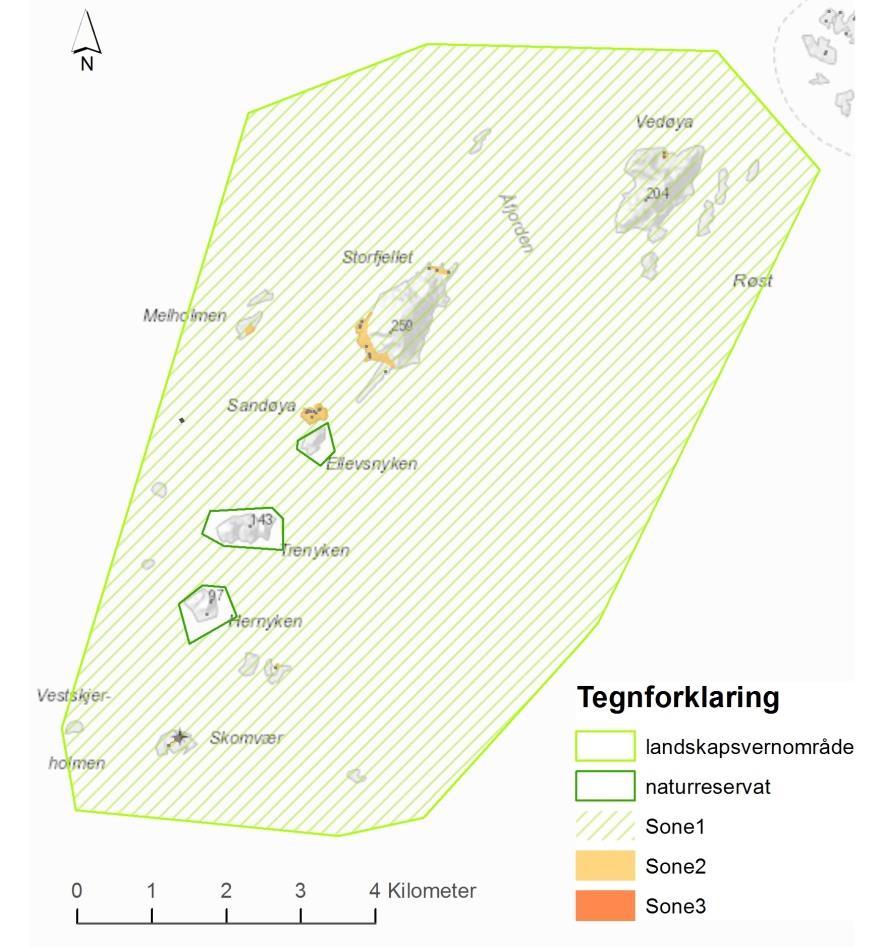 Figur 8. Oversikt over ulike soner for vurdering av tekniske inngrep i Røstøyan landskapsvernområde. Sone 1 er landskap med lite påvirket av eksisterende bebyggelse.