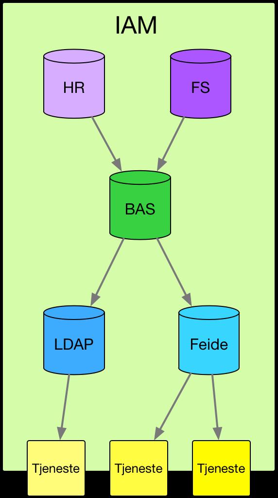 Konsekvenser for systemer HR og FS kilder «BAS» = IAM-kjerne Tjenestene skal benytte IAM-kjernens tilgangsinformasjon. Kilde-systemene er også «tjenester».