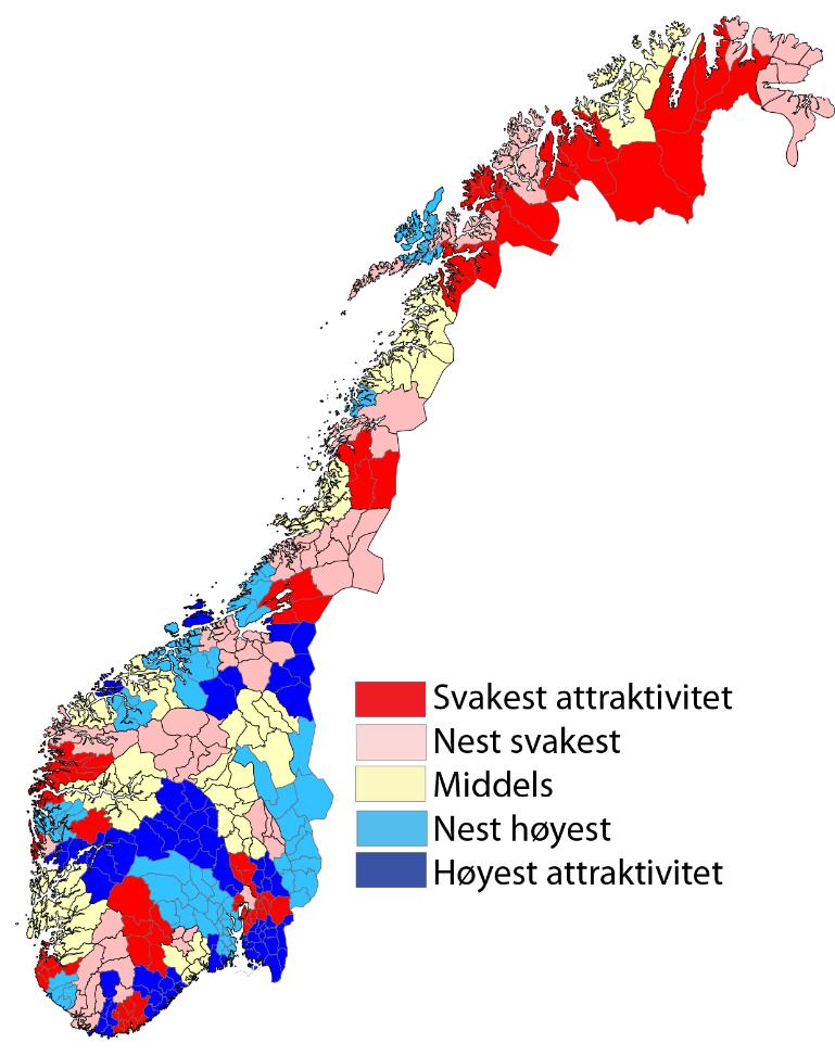 En del «mellomsentrale» regioner på Østlandet har vært (ufortjent?) attraktive som bosted.