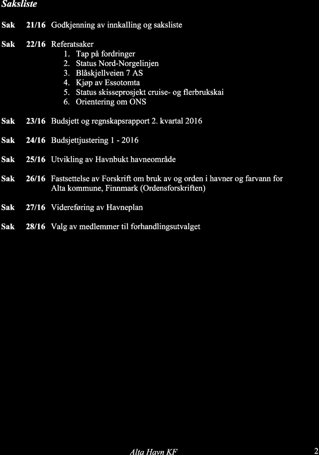 Søkslíste Sak 21116 Godkjenning av innkalling og saksliste Sak 22/16 Referatsaker l. Tap på fordringer 2. Status Nord-Norgelinjen 3. Blåskjellveien 7 AS 4. Çøp av Essotomta 5.