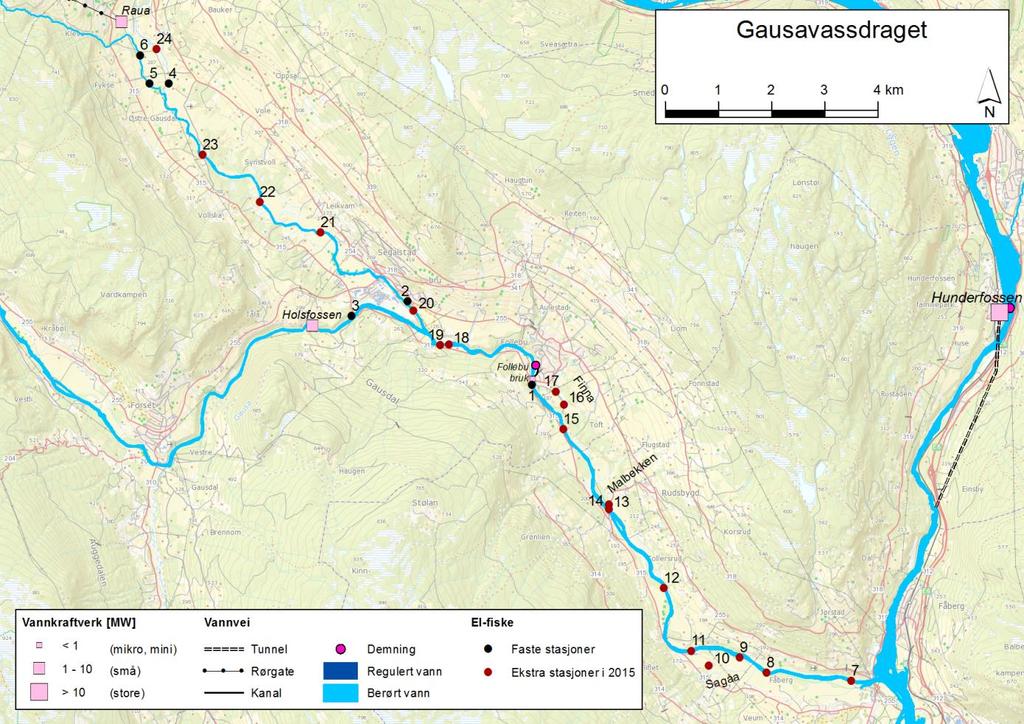 Figur 1: Kart over undersøkte lokaliteter i Gausa 7. oktober 2015. For beskrivelse av stasjonene se liste under. Ungfiskregistrering 1) Gausa ved Moavika UTM 32V: 568473 6786739 Stasjonen ligger ca.