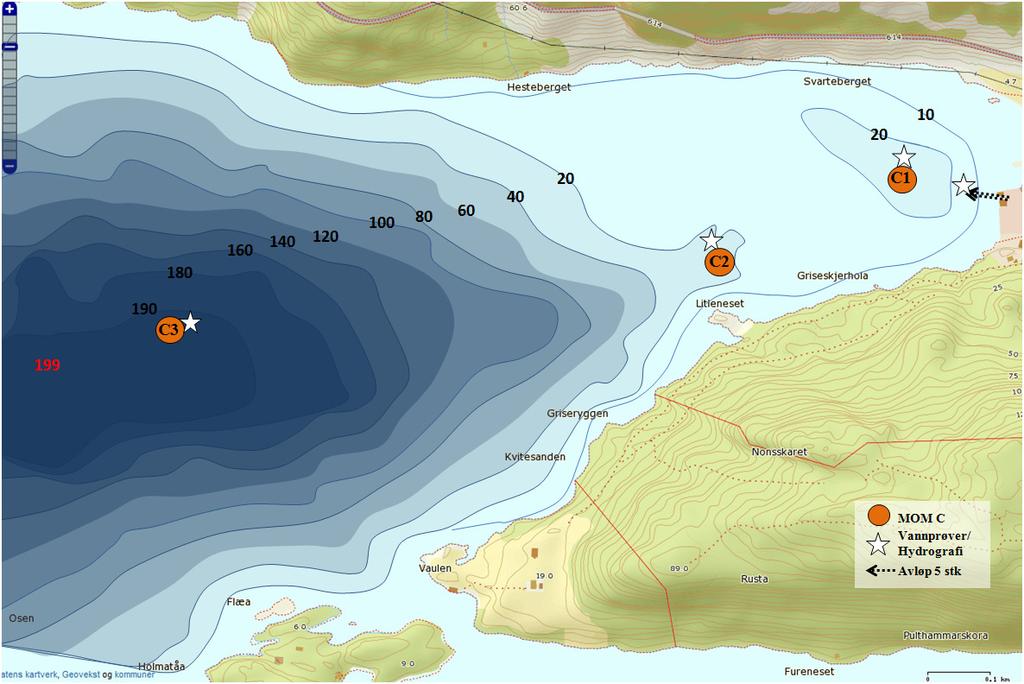 Figur 4. Stasjonene C1 C3 i MOM C-resipientundersøkelsen av sjøområdene utenfor avløpene fra Marine Harvest Norway AS avd. Haukå 13. juli 20110. Tabell 5.