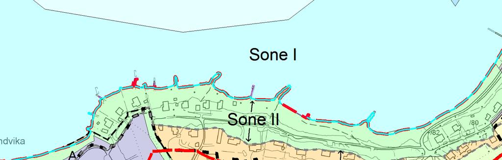 2) Regelverket med byggegrenser: Områdene som omfattes av Statlig planretningslinje for differensiert forvaltning av strandsonen langs sjøen (SPR) inndeler områdene langs sjøen i 4 soner: Sone I :