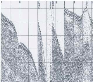 GU 0201043 raskant glasimarine sedimenter 31 glasimarine sedimenter 12,5 ms twt bunn holocen Figur 10. Utsnitt av seismisk profil 0201043 (boomer) (jmf. figur 2 for lokalisering).