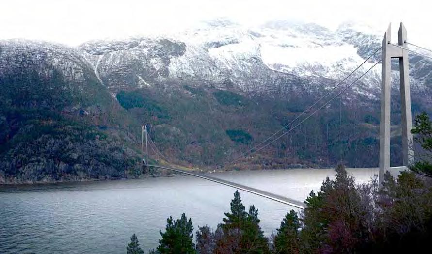 Utvikling av ny teknologi for ferjefrie fjordkryssingar Hengebru over Hardangerfjorden Sognefjorden Hengebruløysing: Hovedspenn på nesten det tredoble av