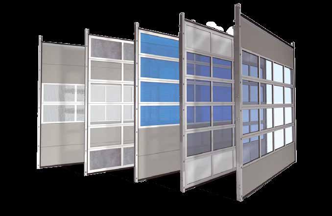 Lag en kreativ kombinasjon av gjennomsiktige, fargede, isolerende eller luftgjennomtrengelige vindusfelt med rammebygde portseksjoner i aluminium. lt er mulig!