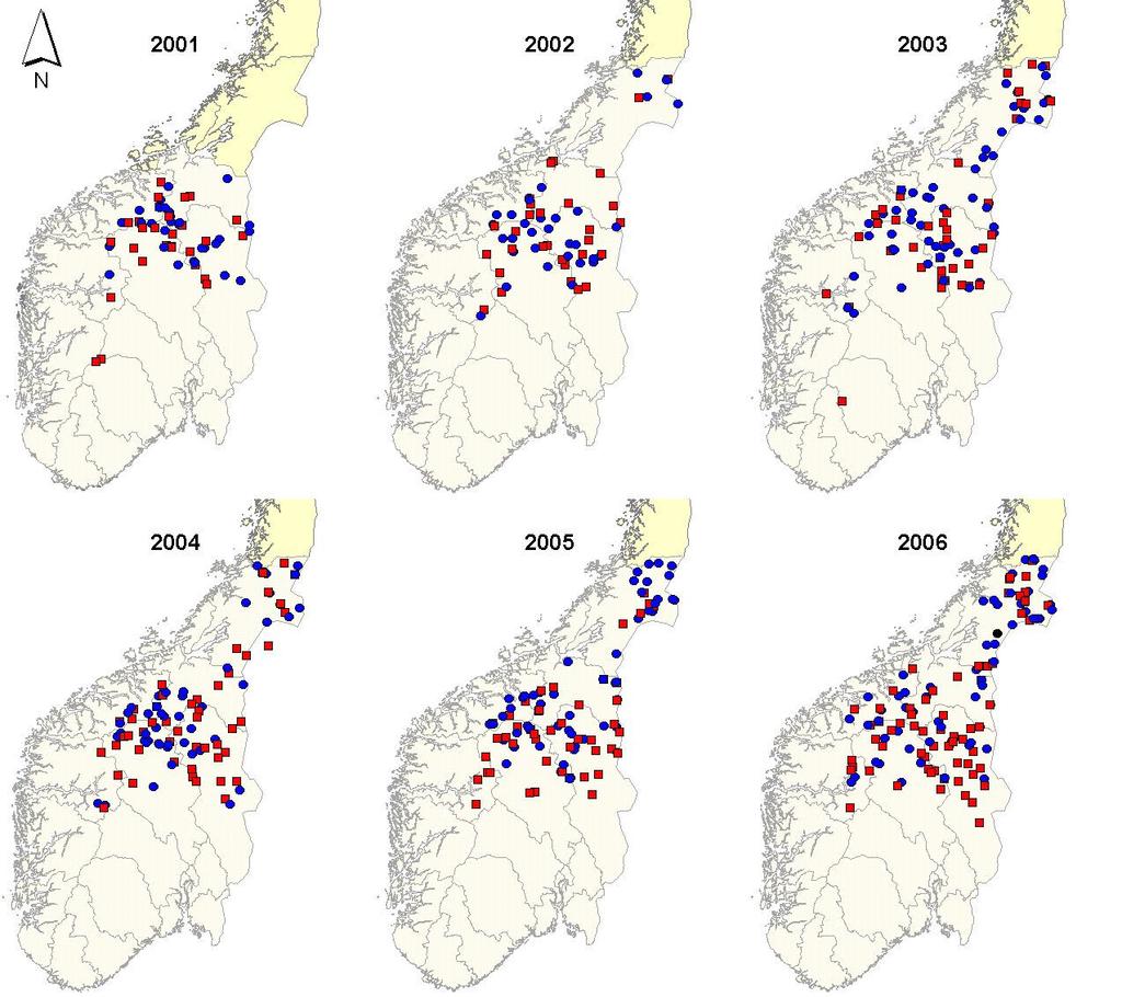 Ingen av disse forskjellene er imidlertid statistisk signifikante (p=0,19 for Nord-Trøndelag, p=0,29 for Sør-Norge; χ 2 -test).