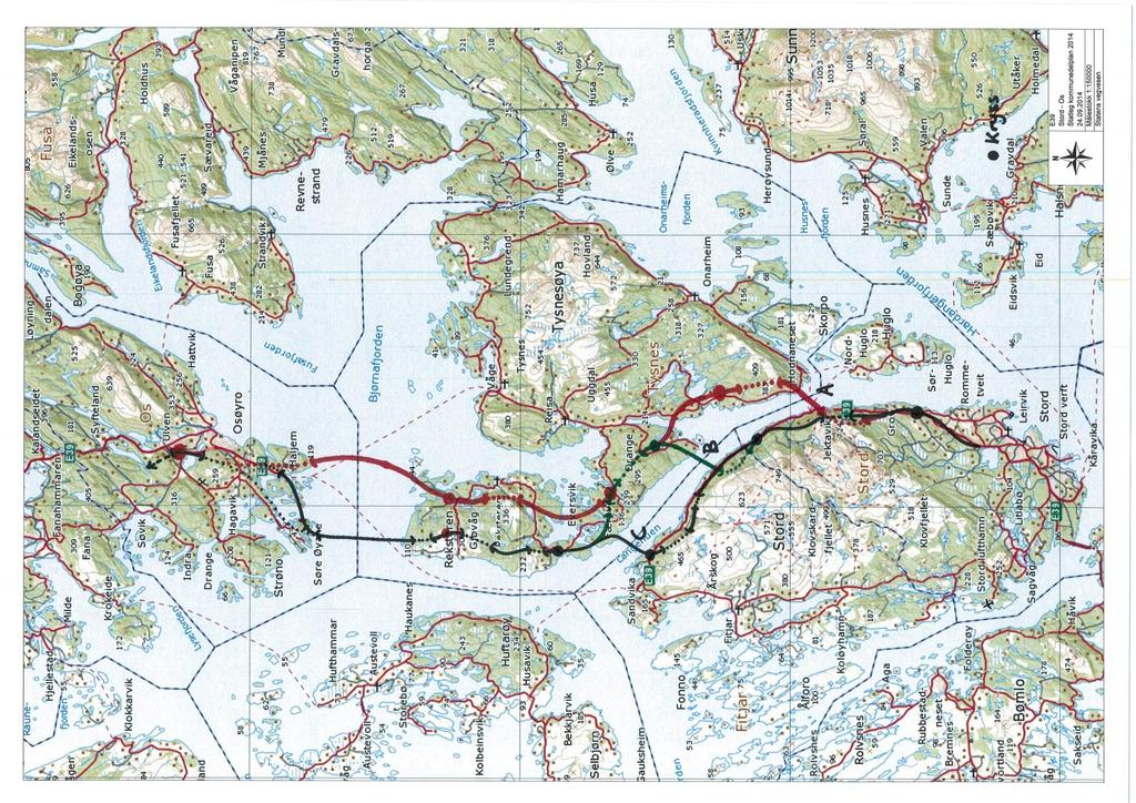 E39 Stord - Os Alternativ A: Kryssing av Langenuen i sør, austre sida av Rekstern, bru til Bjørnatrynet, tunnel til Moberg B: Midtre kryssing av Langenuen C: