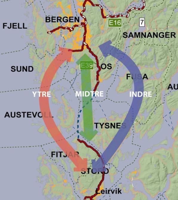 KVU E39 Aksdal - Bergen 22.des.2012: Bestillinga «K4C Midtre linje skal legges til grunn for fremtidig E39 mellom Aksdal og Bergen.