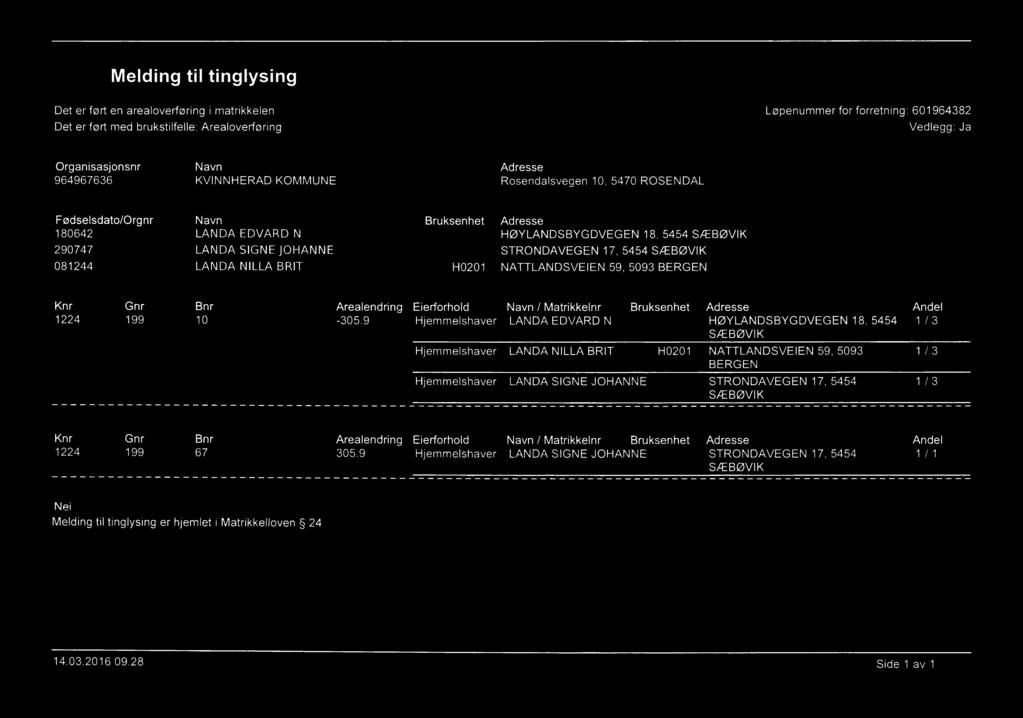 LANDA SIGNE JOHANNE STRONDAVEGEN 17, 5454 081244 LANDA NILLA BRIT HO201 NATTLANDSVEIEN 59, 5093 BERGEN Avgivereiendom(mer) Knr Gnr Bnr Arealendring Eierforhold Navn/ Matrikkelnr Bruksenhet Adresse