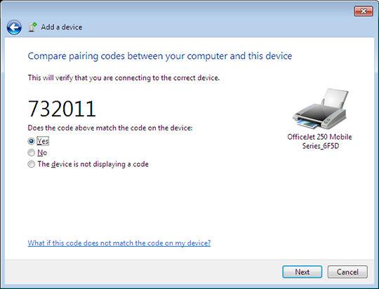 5. Kontroller at paringskoden som vises på datamaskinen stemmer overens med koden på skriveren din; påse at Ja