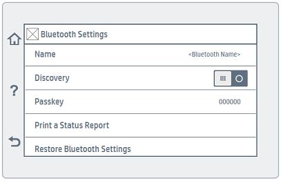 Navn: Bluetooth-navn på skriveren. Oppdagelse På: Skriveren kan oppdages fra klientsiden. Av: Skriveren kan ikke oppdages fra klientsiden. Tilgangsnøkkel: Standard tilgangsnøkkel for skriveren vises.