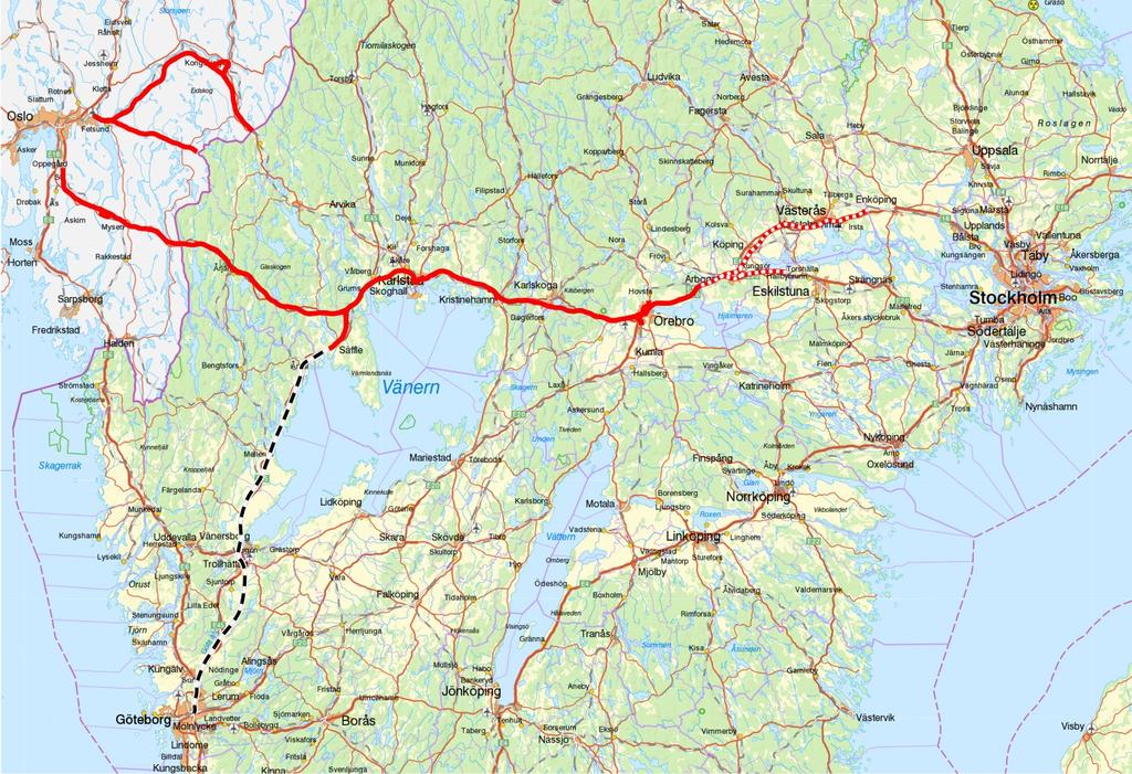 I TENTACLE prosjektet har man sett på muligheten for å etablere en skandinavisk ekspress- jernbane med 4-6 avganger i timen i hver retning mellom de 3 hovedstedene. Reiser på 2t30min.
