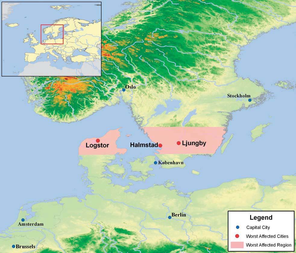 Bilde 1: Viser hvor Stormen Gudrun forårsaket mest skade. Skadeomfanget var størst i nordre deler av Danmark og i Sør-Sverige (Guy Carpenter 2005).