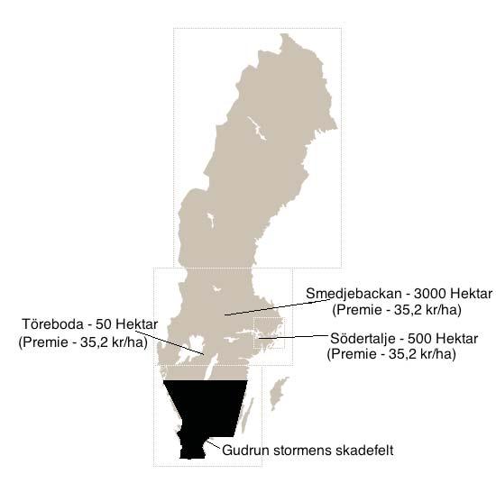 større virkesvolum pr hektar. Kartet til høyre på figur 7 viser hvor eksempeleiendommene er plassert geografisk i Sverige, hva de heter, hvor store de er og hvilken premie de har pr hektar.