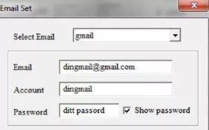 Velges GPRS må man klikke på «Email Set» og sette inn parameterne som vist i bildet. Her kan man velge mellom for eksempel gmail, hotmail eller yahoo.