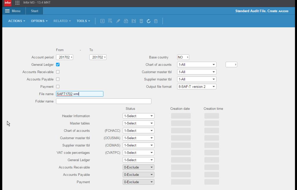 AAS300 - Standard Audit File. Create New fields added for SAF-T version 2 with handling of Base country and Language code for Chart of account description.