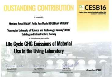 Inman og Aoife H. Wiberg mottok Outstanding Contribution Award for artikkel ved Central Europe towards Sustainable Building 2016 konferansen.