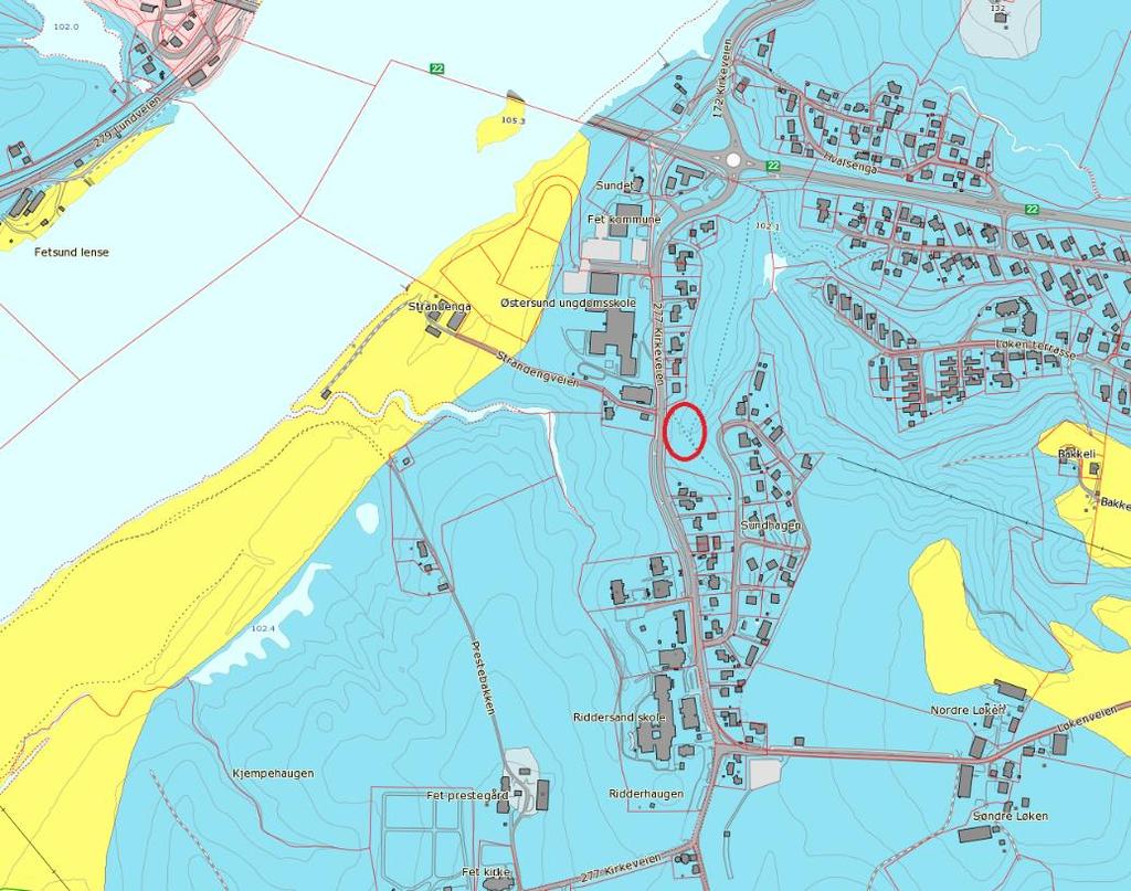 3 Figur i: Løsmassekart fra ngu.no. Aktuelt område er markert med rød ellipse Det er planlagt å deponere overskuddmasser ved å fylle igjen en ravine i området.