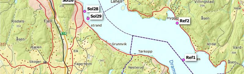 Stasjoner for undersøkelse av sedimenterende materiale er vist i Figur 29. Data presentert i Tabell 14 er fra feller som har samlet materiale fra omtrent 2 m over havbunnen. Figur 29. Stasjoner for sedimenterende materiale i Drammensfjorden.