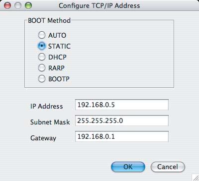 Valitse Boot Method -asetukseksi STATIC. Anna IP Address (IP-osoite), Subnet Mask (aliverkon peite) ja Gateway (yhdyskäytävä) ja osoita sitten [OK].