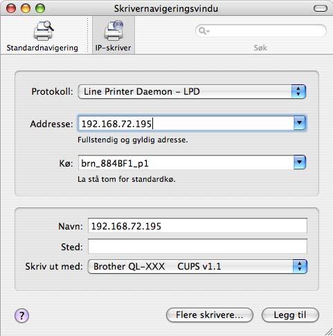 5) Klikk på [Legg til] og velg IP Printer/IP øverst på skjermen. Skriv inn skriverens IP-adresse i adresseboksen.