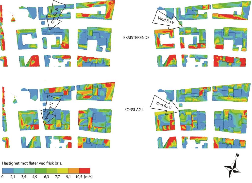 Figuren under viser simulerte vindhastigheter på takflater for eksisterende bebyggelse og utbyggingsforslag I, ved frisk bris fra Nord og Vest.