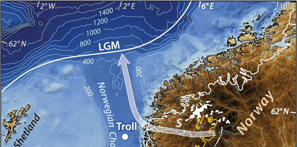 Kapittel 2 Geologisk og glasial historie Figur 2.1. Norskerenna som strekker seg langs norskekysten. LGM = siste glasiale maksimum. Deglasiasjonen ved Troll er datert til 18 500 år. YD = yngre dryas.