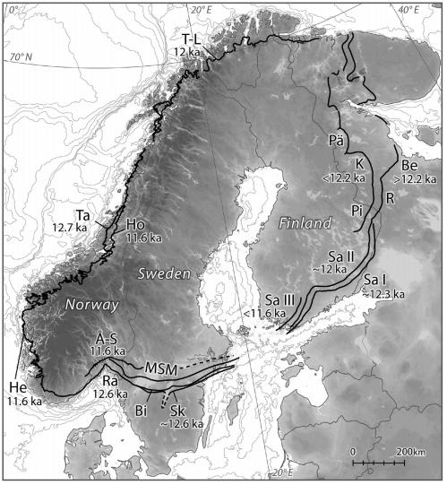 Kapittel 2 Geologisk og glasial historie Figur 2.10. Utbredelsen under breframstøtet i YD for hele Skandinavia.