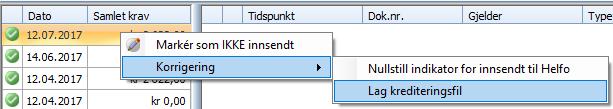 Høyreklikk på det innsendte oppgjøret og velg Korrigering og Lag krediteringsfil: 8.