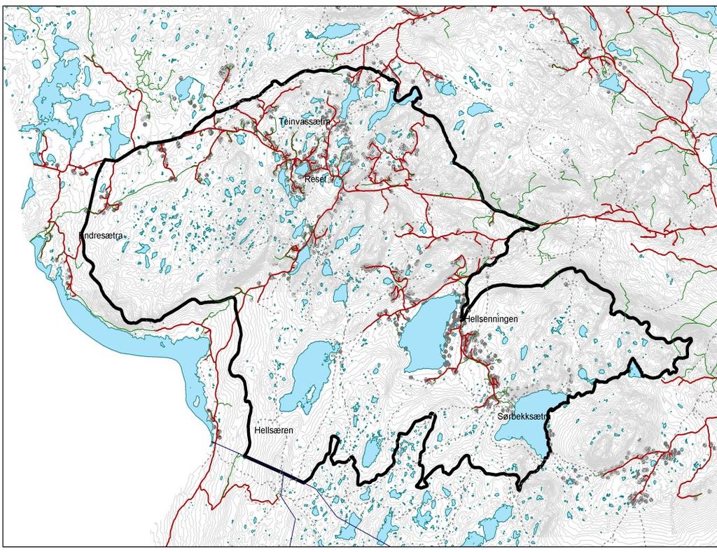 Planavgrensning Sør: Grense mot Vassfaret og 1000 m.- koten mot Hedalsfjella Vest: 850 m.