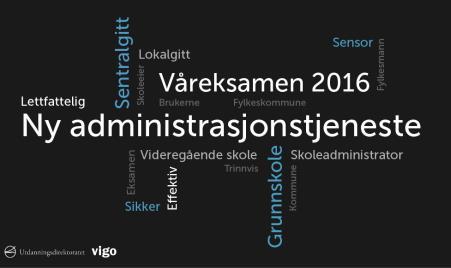 Utdanningsdirektoratet innfører en ny tjeneste for å administrere eksamen på www.udir.no. Den nye tjenesten åpnet for påmelding av kandidater til grunnskoleeksamen 11. januar 2016.