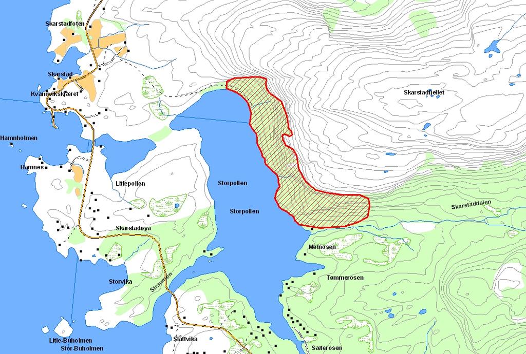 Prioritert viltområde 2 Storpoll-lia Verdisetting A svært viktig viltområde 3-150 UTM (WGS84) 33W WR 545 837 Denne lokaliteten er ei frodig løvli med storvokste trær, både bjørk og ikke minst osp.