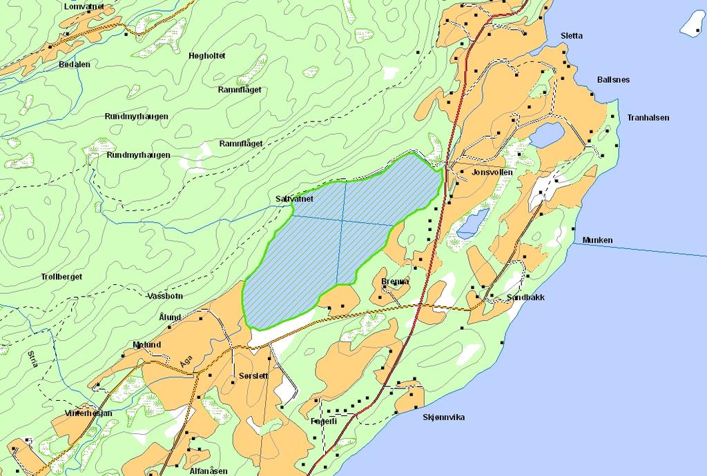 Prioritert viltområde 7 Saltvatnet Verdisetting B viktig viltområde Høyde over havet (m) 4 UTM (WGS84) 33W WR 780 847 Dette vannet utgjør sammen med Allanvatnet et viktig hekkeområde for vannfugl.